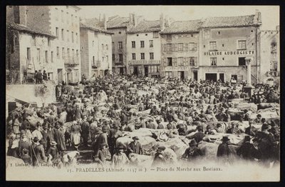 Postal que representa el mercado de ganado en Pradelles, c.1900 de French Photographer